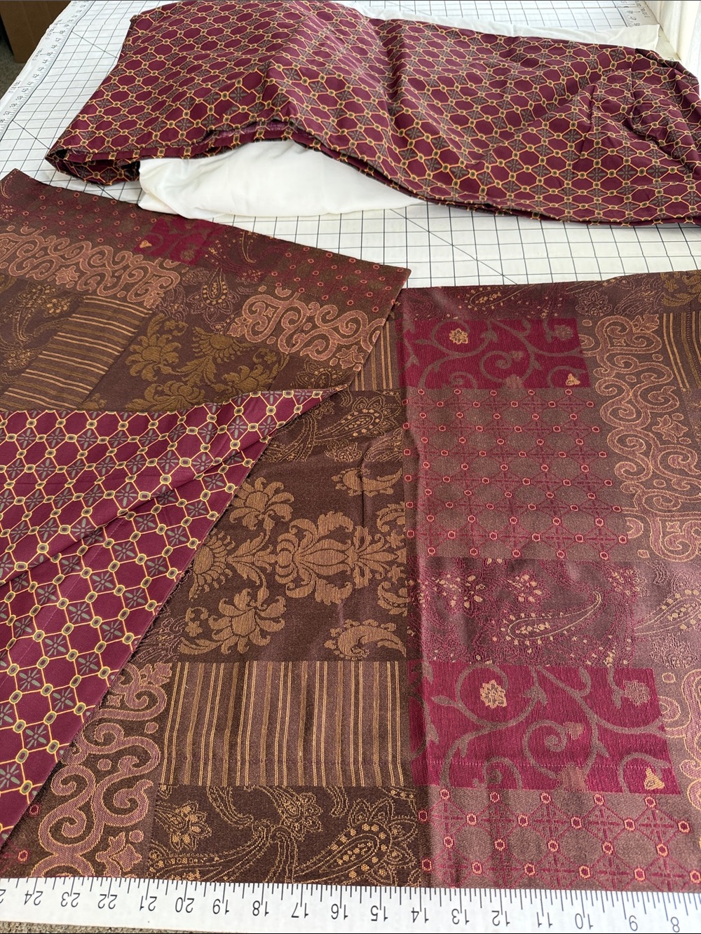 Queen Bed Skirt & 2 Standard Pillow Shams Burgundy Patchwork Paisley Traditional